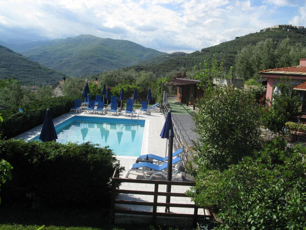 einen Pool mit blauen Stühlen und Sonnenschirmen in der Unterkunft Agriturismo La Vigna in Chiusanico