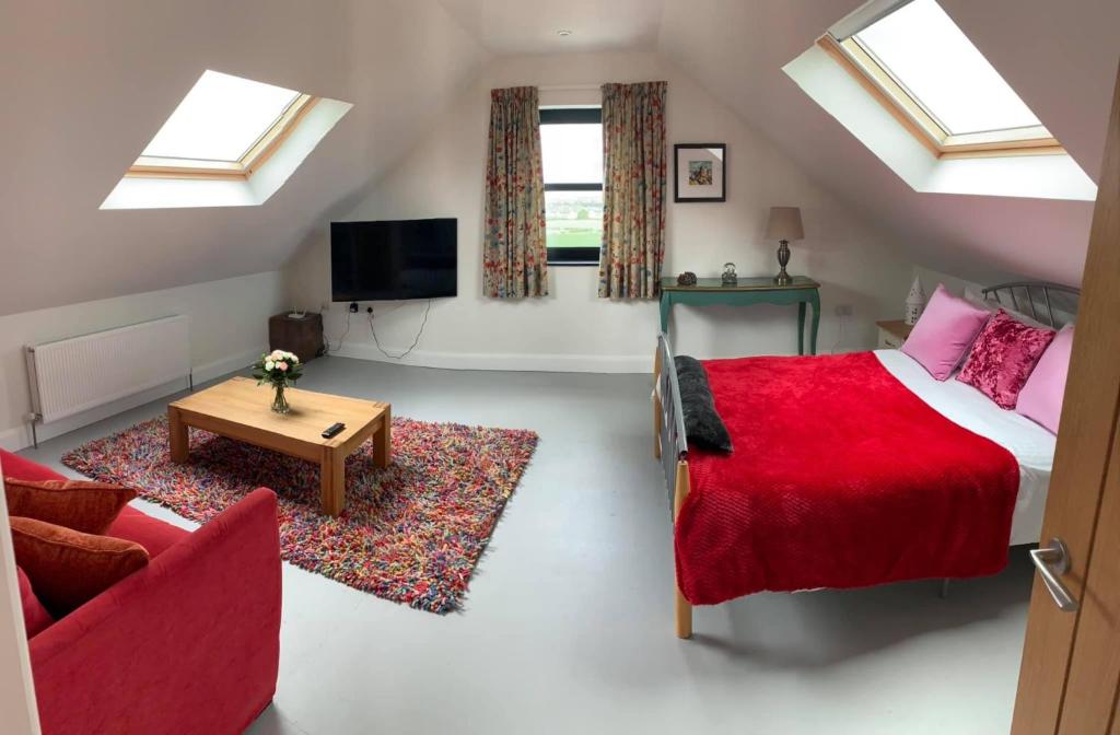 a attic bedroom with a bed and a couch and a tv at Primrose Place Portrush in Portrush