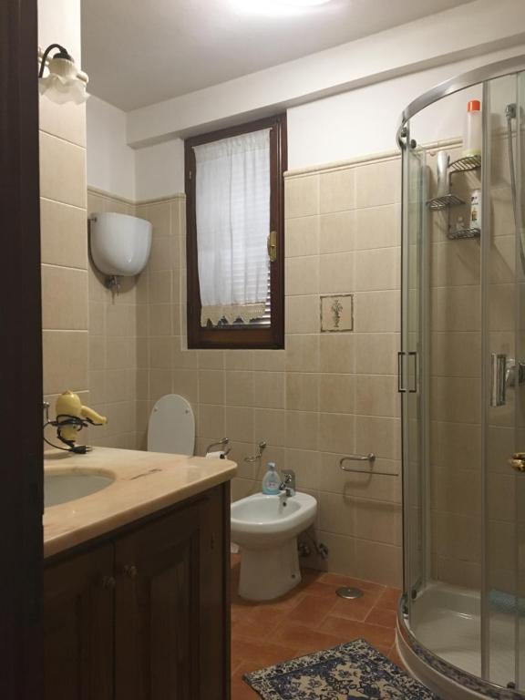 een badkamer met een douche, een wastafel en een toilet bij La casina nel Borgo in Cetona