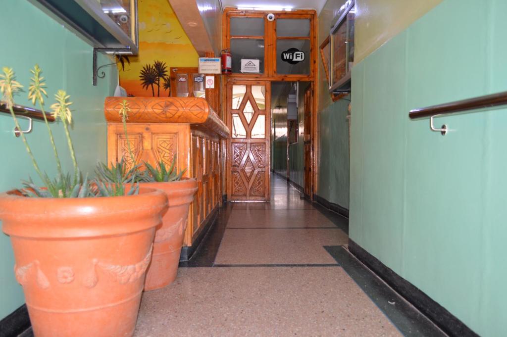 a hallway with several large orange potted plants at Hotel Atlas Ouarzazate in Ouarzazate