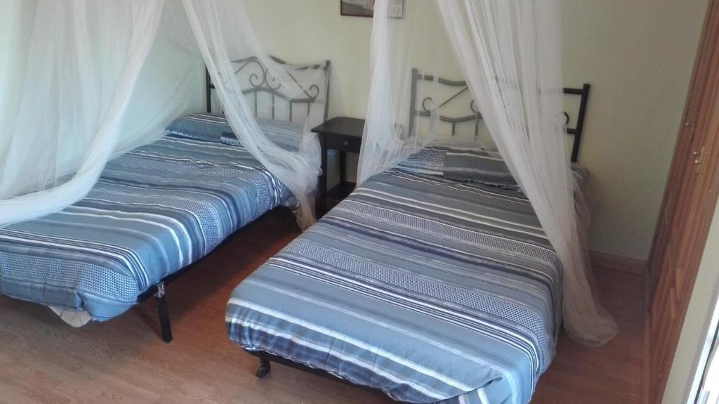 Anguix的住宿－La Verdevilla，配有蚊帐的客房内的两张床