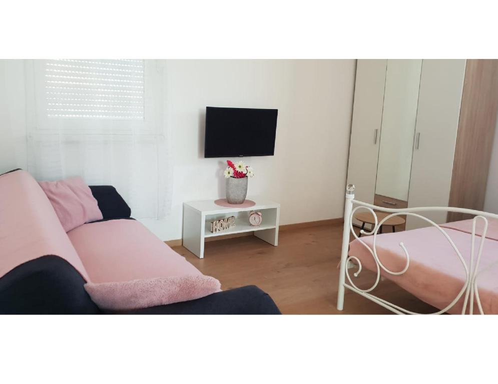 a living room with two beds and a tv at Studio apartman, 2+1 in Brodarica