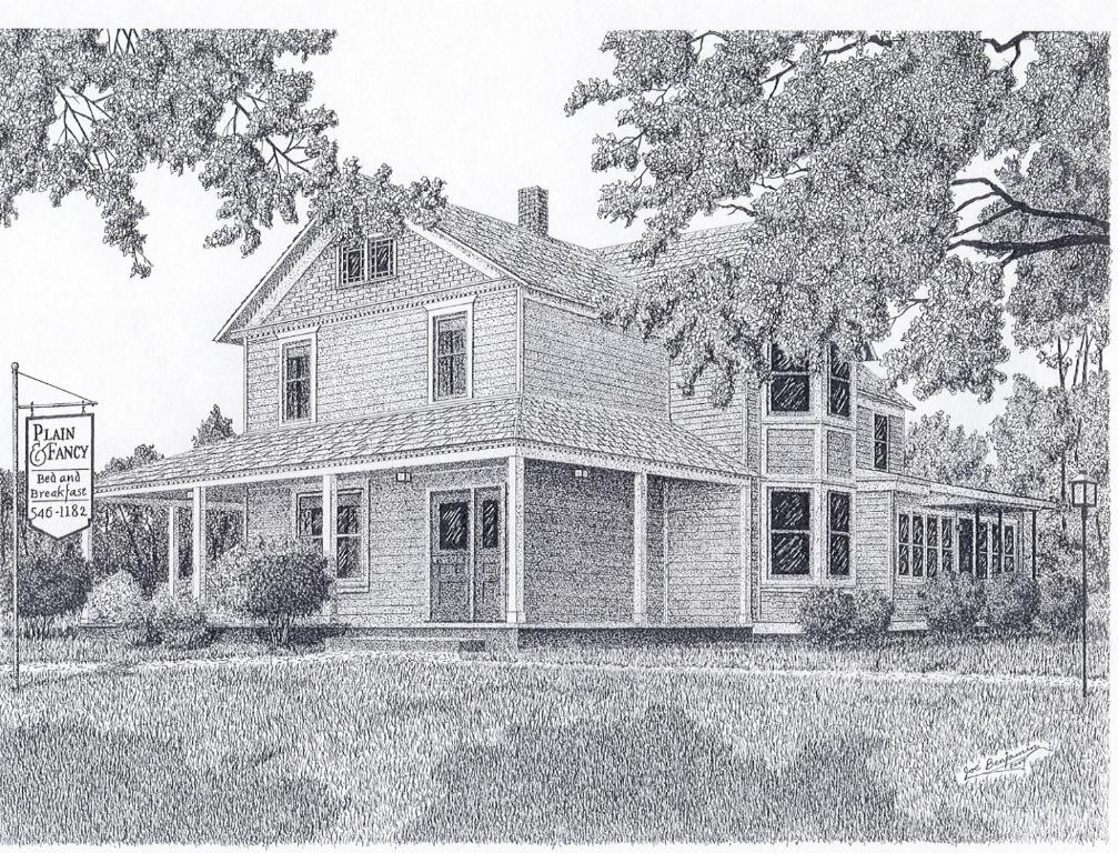 un dibujo de una casa con un cartel de venta en Plain & Fancy Bed & Breakfast, en Ironton