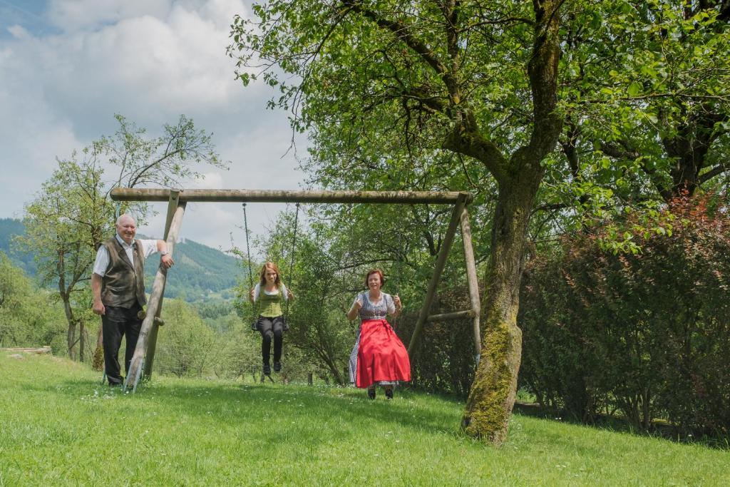 a group of people on a swing in a field at Hotel Hemetsberger in Attersee am Attersee