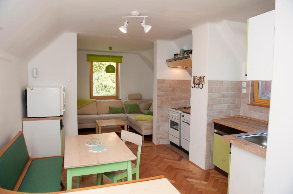 a kitchen and a living room with a table in a kitchen at Apartment Polane in Blejska Dobrava
