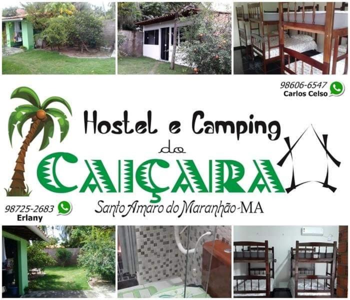 un collage de fotos de una casa con una palmera en Hostel e Camping Caiçara, en Santo Amaro