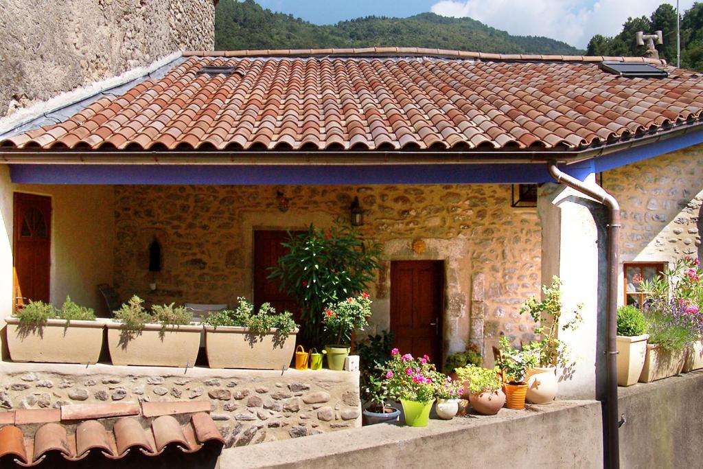uma casa de pedra com vasos de plantas em frente em Gîte Le Galta - Maison entiére tout équipée, 2 chambres, SdB avec bain à remous, terrasse privative em Saint-Fortunat-sur-Eyrieux