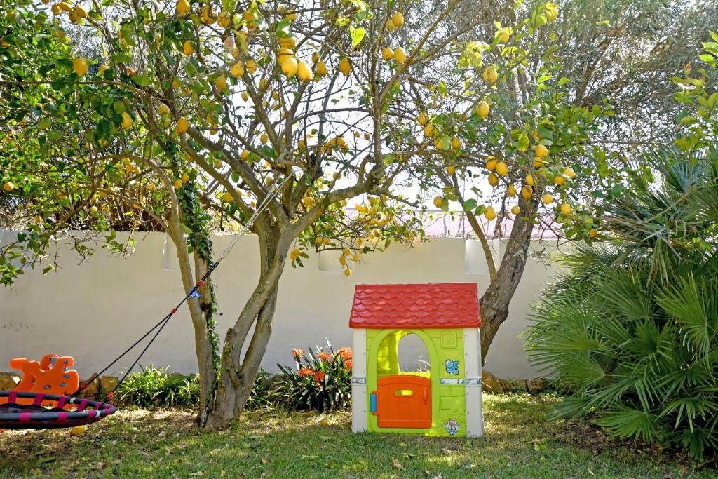 a toy house in the grass next to an orange tree at Le Querce in Procida
