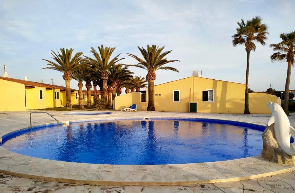 una gran piscina con palmeras y una casa en Apartamento 7 Palmeras en Ciutadella