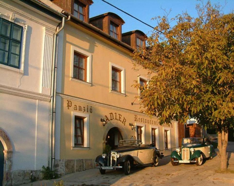 dois carros velhos estacionados em frente a um edifício em Adler Panzio em Budaörs