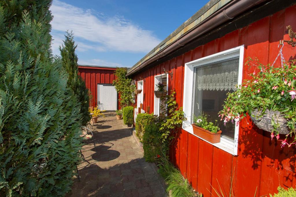une maison rouge avec des plantes sur son côté dans l'établissement Alte Schmiede Putbus, à Putbus