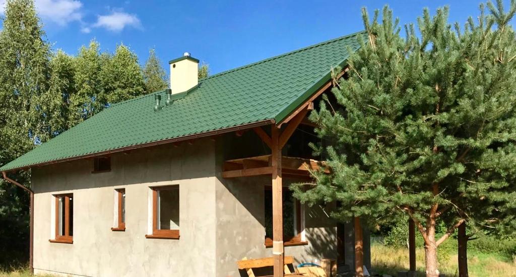 una casa con techo verde y dos árboles en Leśny zakatek en Lubiatowo