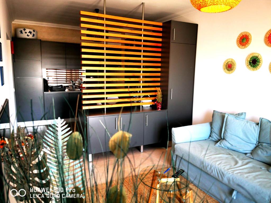 Apartamento Jeni Residencia Flamingo في بورتيماو: غرفة معيشة مع أريكة ومطبخ