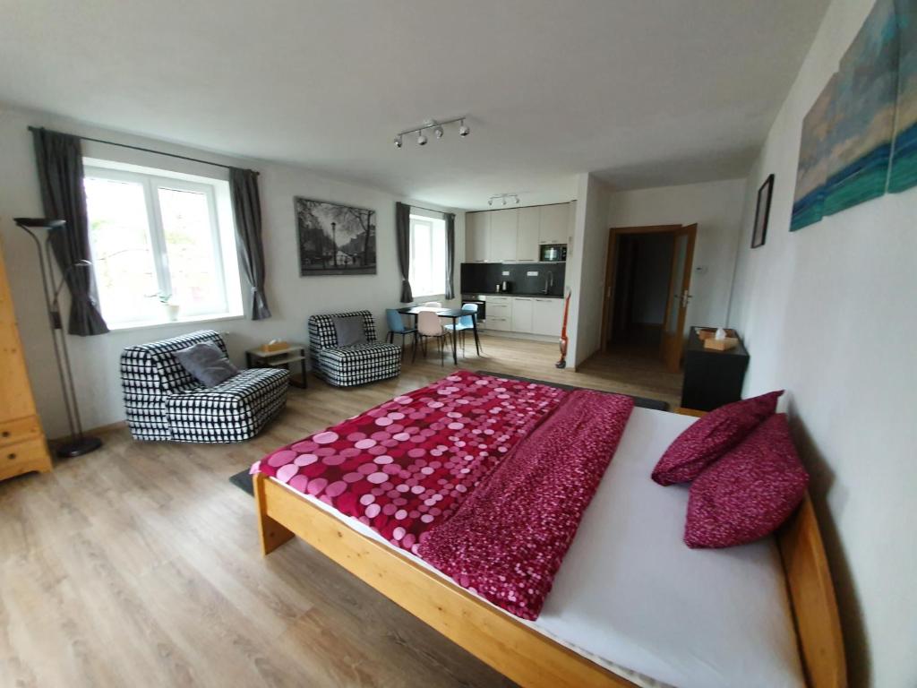 リプノ・ナト・ヴルタヴォウにあるSport Apartmentのベッドルーム1室(赤い毛布付きのベッド1台付)