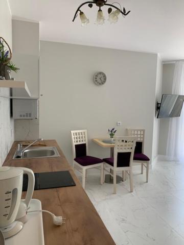 a kitchen with a table and chairs in a kitchen at Apartament Bursztynowy in Kołobrzeg