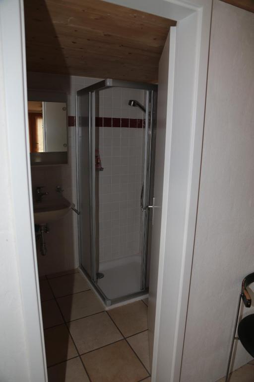 un baño con ducha y lavabo en Rustico, en Verdabbio