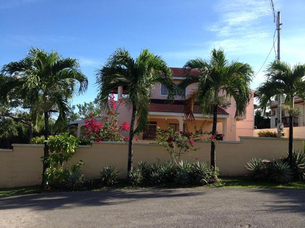 a house with palm trees in front of a fence at Prime Ocean View Vacation Villa in Plaisance