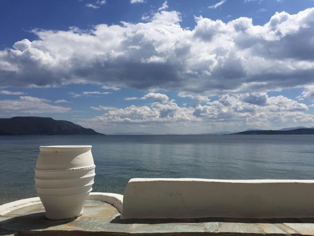 un jarrón blanco sentado en una mesa junto al agua en Villa Lula, en Nea Styra