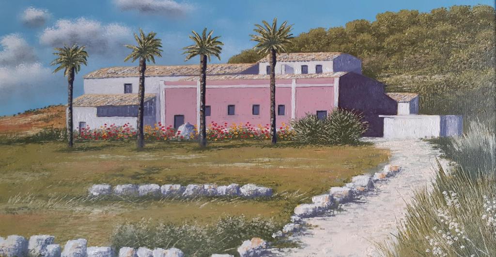 a painting of a pink house with palm trees at Relais Casa Mirabile in Menfi