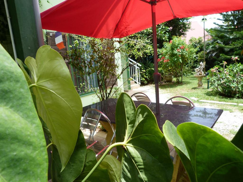 a red umbrella and a table and chairs with a plant at Lodge Takini 4 in Kourou