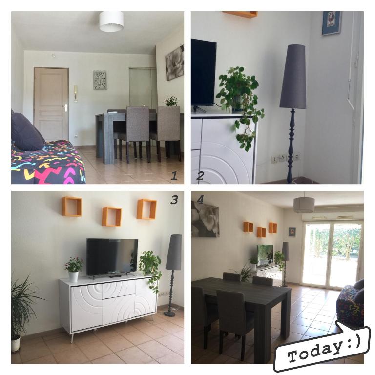 un collage de photos d'un salon et d'une salle à manger dans l'établissement Les iris, à Carcassonne