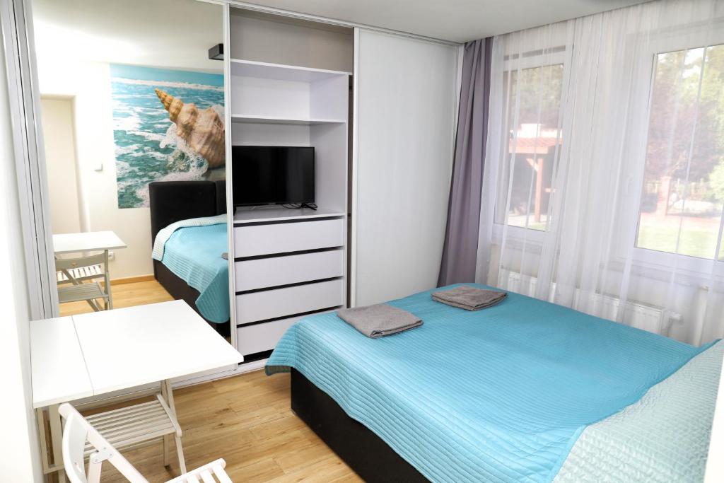 a small bedroom with a bed and a mirror at Apartamenty i Domki Osińscy in Braniewo