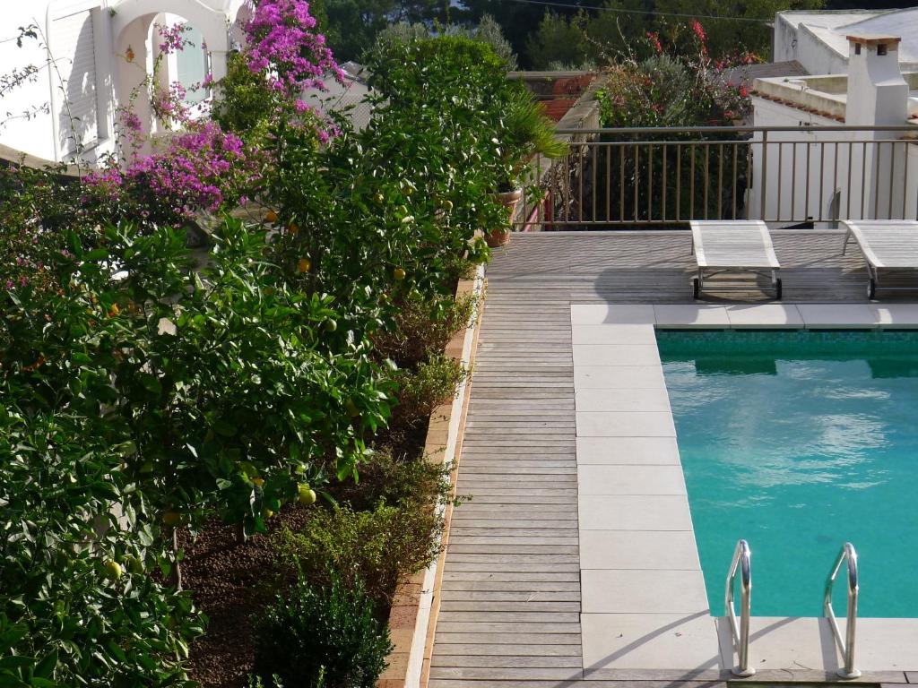 una piscina con terraza de madera junto a una casa en Hotel Canasta en Capri