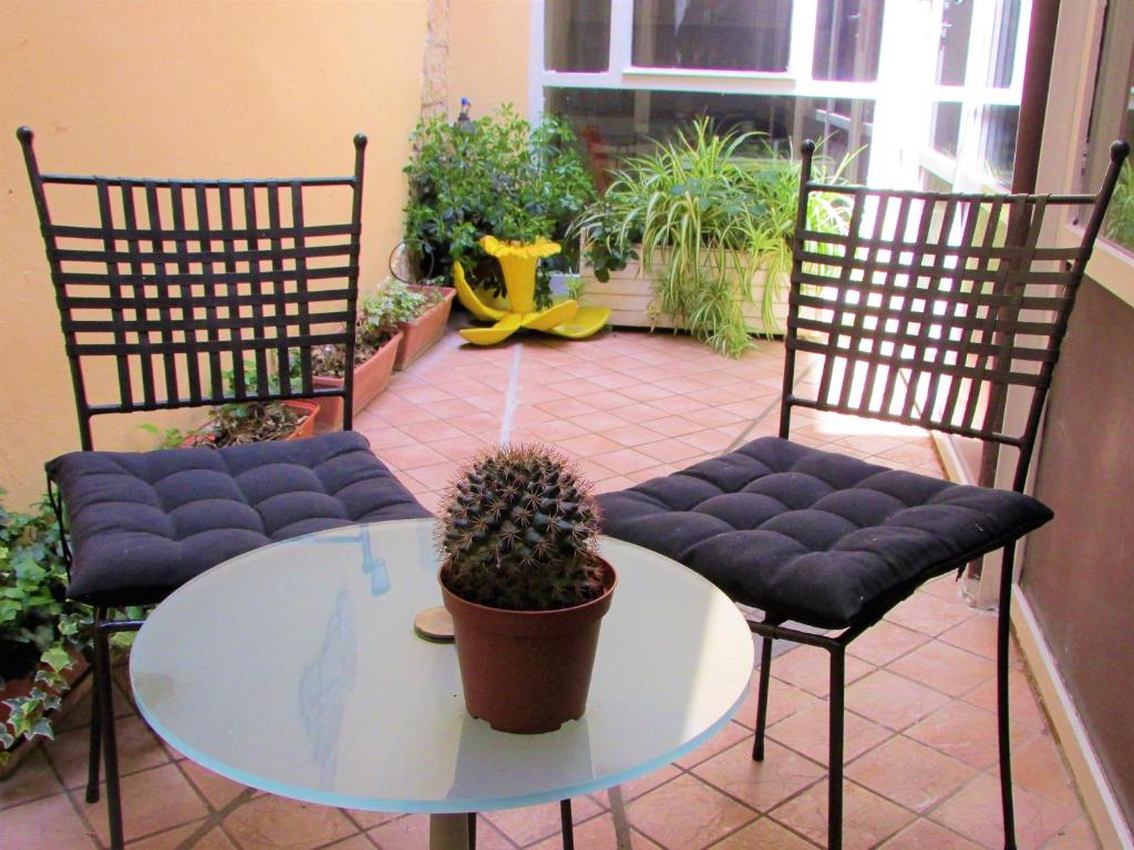 un patio con 2 sillas, una mesa y un cactus en Casa della Musica, en Parma