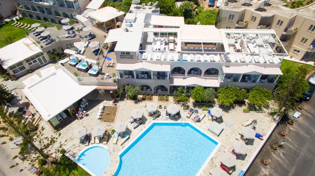 an aerial view of a resort with a swimming pool at Georgioupolis Beach Hotel in Georgioupolis