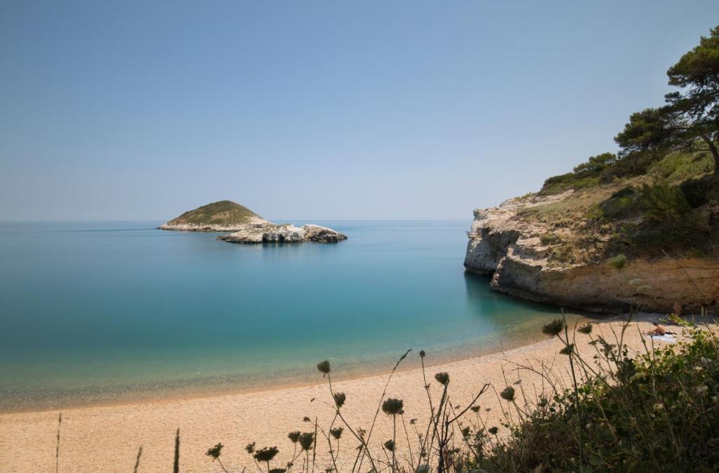 a beach with a small island in the water at Baia Di Campi in Vieste