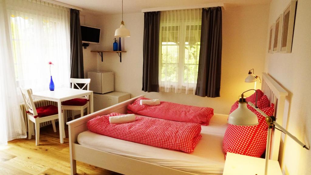 ein Schlafzimmer mit einem Bett mit roten Kissen darauf in der Unterkunft Adventure Guesthouse Interlaken in Interlaken