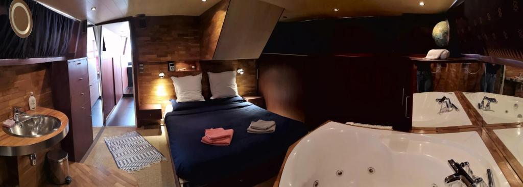 um quarto com uma cama, um lavatório e uma banheira em Le Bateau Ivre em Bordeaux