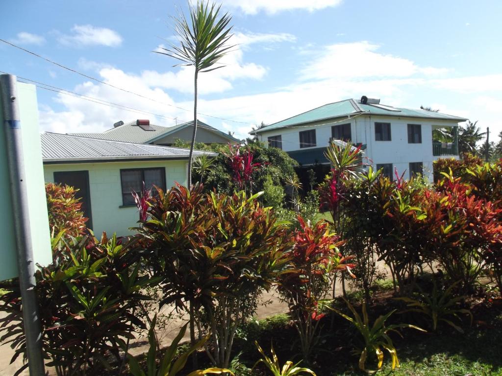 a house with a palm tree in the yard at Green Lodge Holiday Homes in Nuku‘alofa