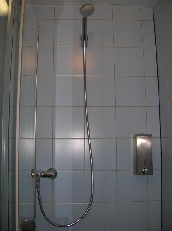 a shower in a bathroom with a tile wall at Hotel Darcet in Paris