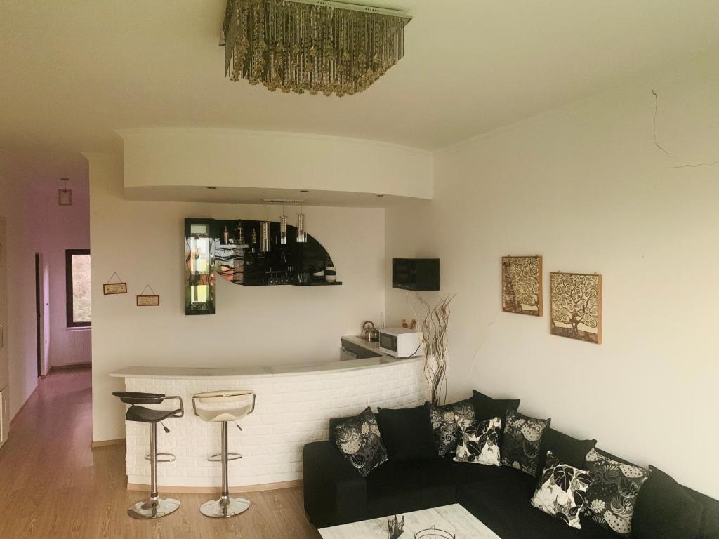 uma sala de estar com um sofá e um bar em AIA Apartment em Kutaisi