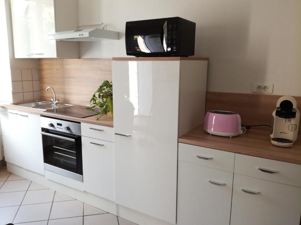 een keuken met een magnetron en een koelkast bij Appartement avec jardin à Colmar in Colmar