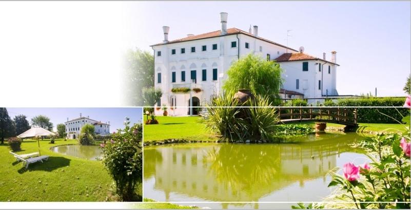 zwei Bilder eines Hauses mit einem Teich und einer Brücke in der Unterkunft Villa Dei Dogi in Caorle