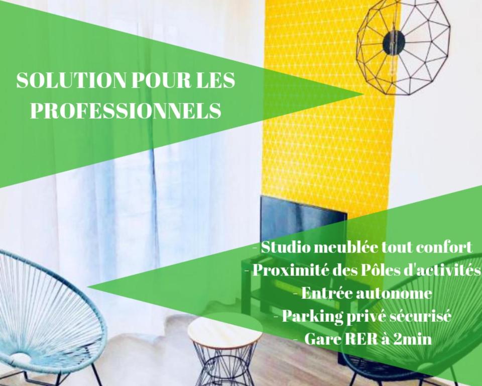 a poster for a presentation of furniture in a room at BtoBed - Location Professionnelle - Studio Confort Parking Gratuit Villepinte - Proche Parc des Expositions et Aéroport CDG in Villepinte