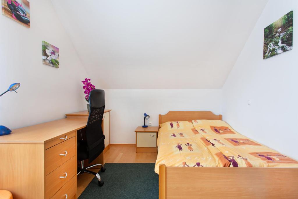 um quarto com uma secretária, uma cama, uma secretária e uma cadeira. em Orchid room em Kranj