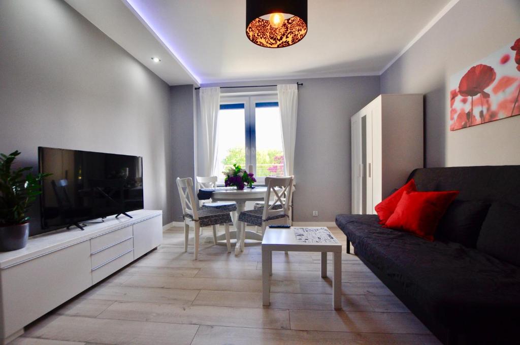 a living room with a couch and a table at Apartament Grey in Busko-Zdrój