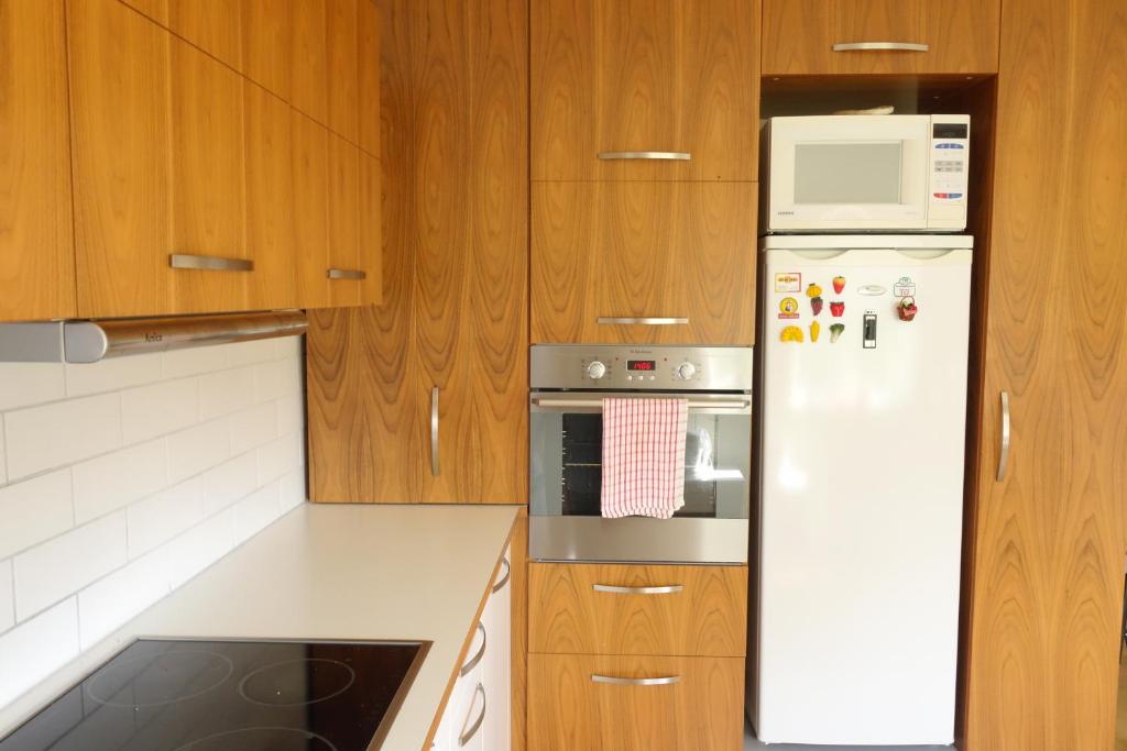 a white refrigerator in a kitchen with wooden cabinets at Thorbrandsstadir Farm Holidays in Þorbrandsstaðir