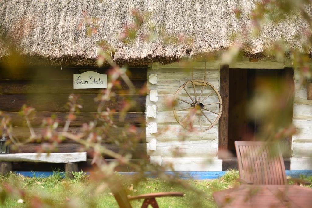 a wooden house with a thatch roof and a door at Dzikie Roztocze - Stara Chata in Krasnobród