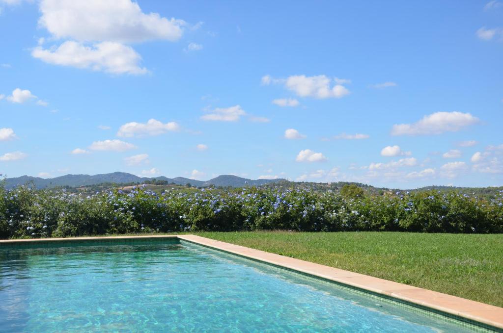 a swimming pool with a view of a field and trees at Finca Son Blat in Porto Cristo