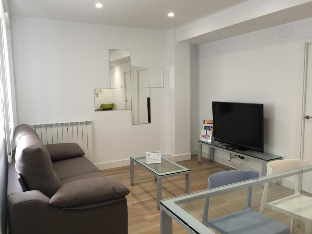 ein Wohnzimmer mit einem Sofa und einem TV in der Unterkunft Casas Uva República Argentina, 18, Logroño in Logroño