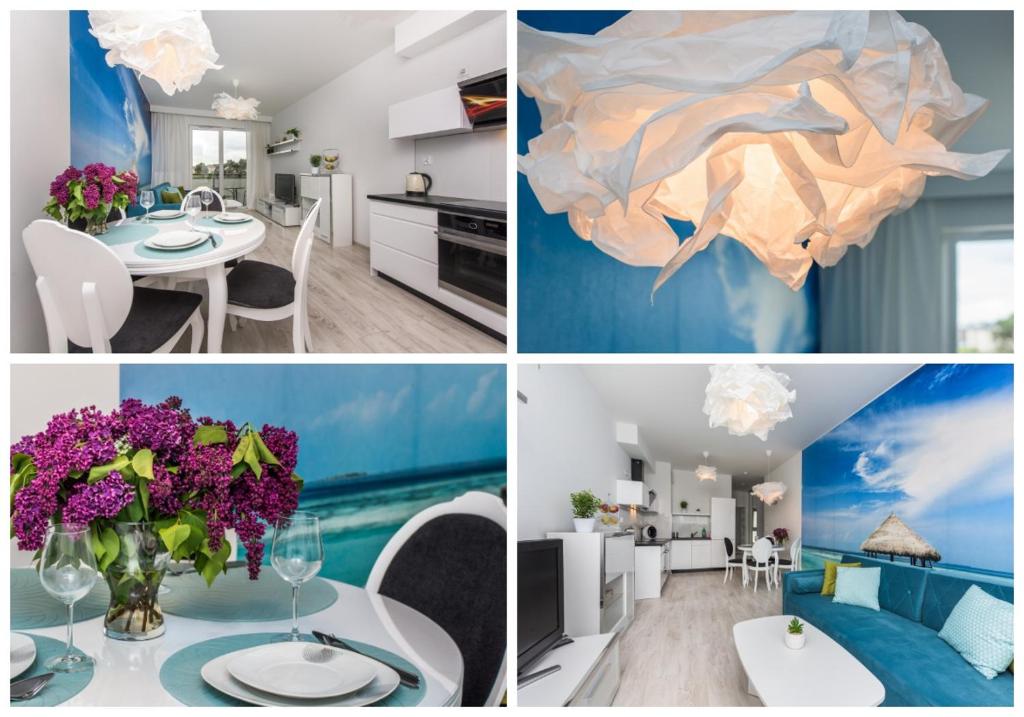 a collage of pictures of a kitchen and a living room at APARTAMENT NIKOLA in Gdańsk