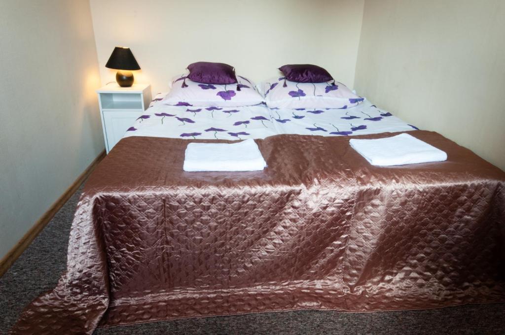 ein Bett mit einer braunen Decke darüber in der Unterkunft Dom4You in Bogatynia