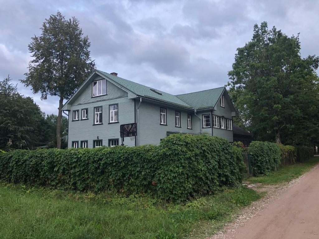 una casa gris con techo verde en un camino de tierra en Alejas 7, en Jūrmala