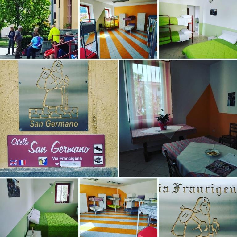 a collage of photos of a room with green and orange at OSTELLO DI SAN GERMANO in Borgofranco dʼIvrea