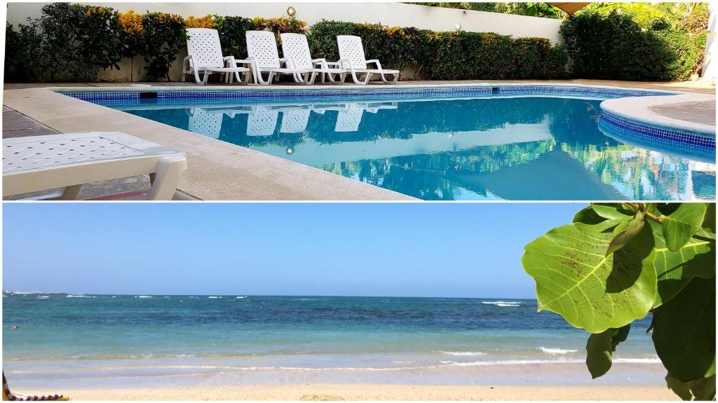 two pictures of a swimming pool with chairs and the ocean at Costambar in San Felipe de Puerto Plata