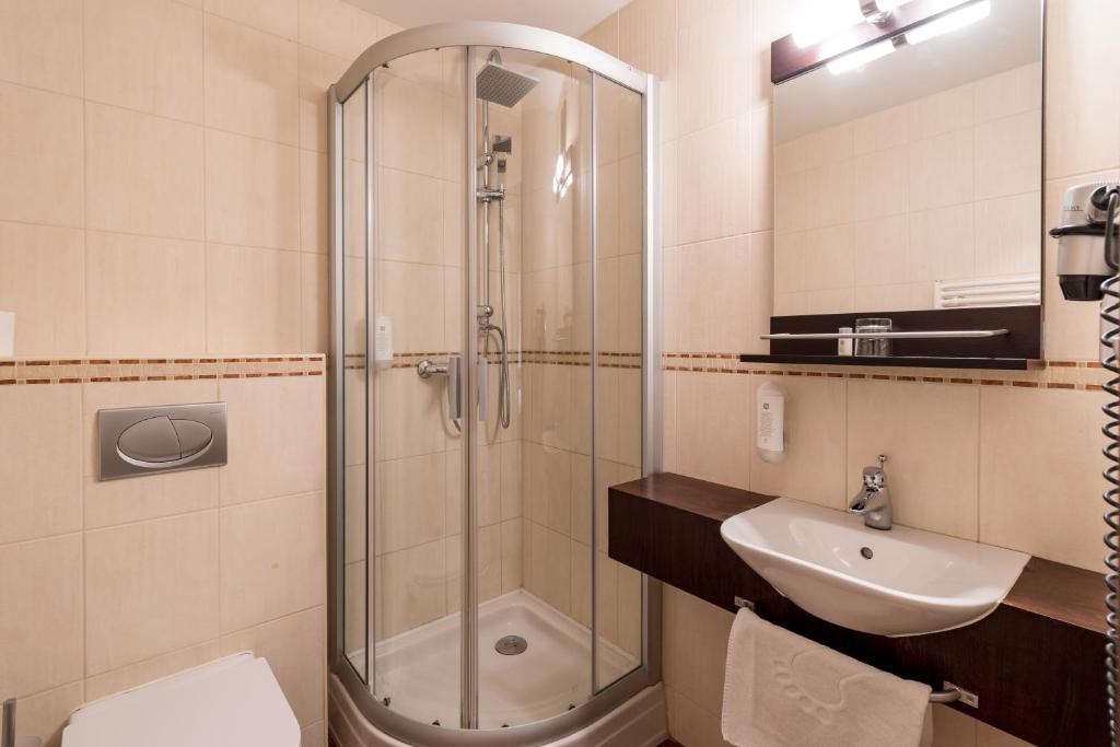 Koupelna v ubytování Hotel U Hejtmana Šarovce